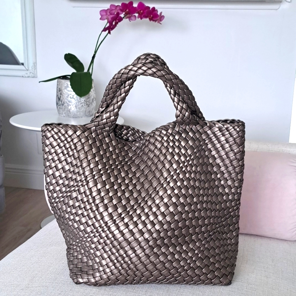 Woven tote purse bag in bronze gold